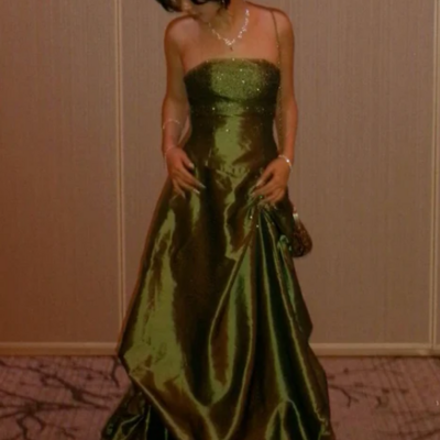 Elegant strapless olive green sequin long satin evening dresses