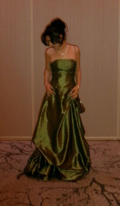 Elegant Strapless Olive Green Sequin Long Satin Evening Dresses