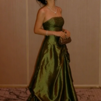 Elegant Strapless Olive Green Sequin Long Satin Evening Dresses - Thumbnail 1