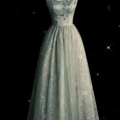 Beautiful a line floor length sage green tulle prom dresses