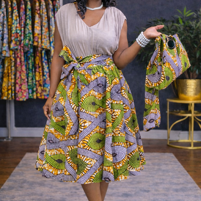 Green skirt set w/ head wrap  & purse