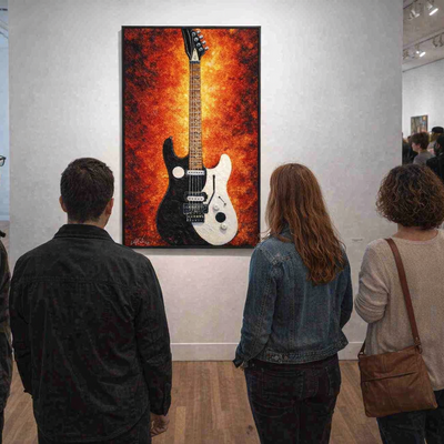 Electric guitar abstract art print red yellow modern wall decor