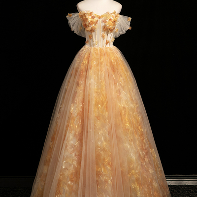 Orange yellow off-the-shoulder tulle formal dress
