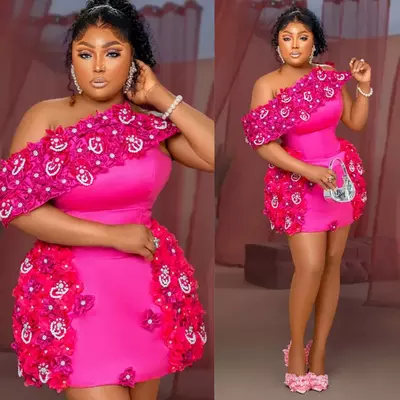 Plus size fuchsia aso ebi cocktail dresses for women homecoming dress one shoulder flora sequined lace pearls short prom dress