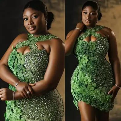 Plus size aso ebi green cocktail dresses for women homecoming dress illusion halter flora sequined lace pearls short prom gown
