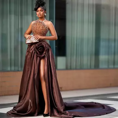 Aso ebi brown prom dresses mermaid evening dresses formal gowns for black women halter side split beaded lace crystals prom dress