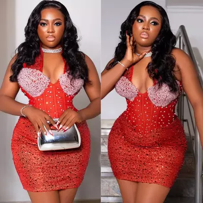 Aso ebi red cocktail dresses for women homecoming dress illusion halter pearls puffy pleated beaded sequined lace short prom gown