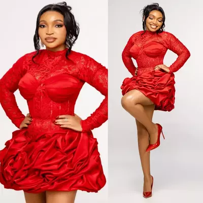 Aso ebi red cocktail dresses for women homecoming dress illusion pearls puffy pleated beaded sequined lace short prom gown