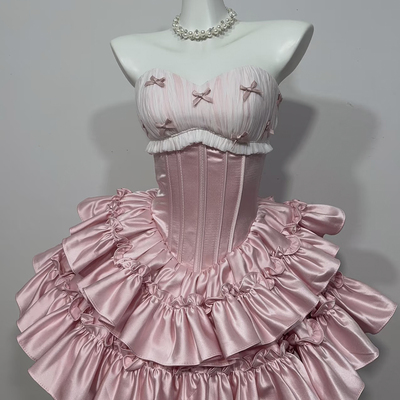 Pink strapless ruffled satin mini party dress 