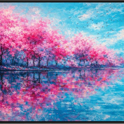 Cherry blossom lakeside reflection landscape art print 36x24