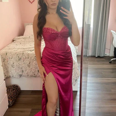 Beautiful sheath high slit beaded satin prom dresses
