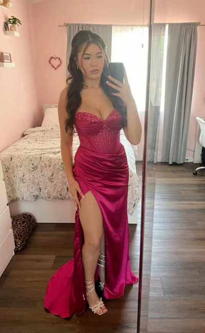 Beautiful Sheath High Slit Beaded Satin Prom Dresses