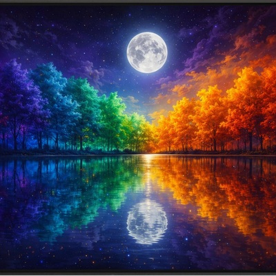 Moonlit colorful forest lake art print