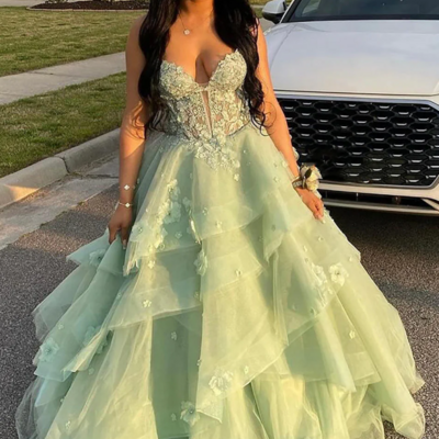 Spaghetti straps a-line sage green tulle tiered long prom dress with appliques