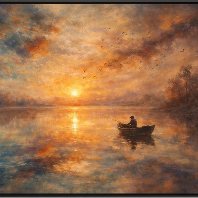 Sunset lake fishing art print