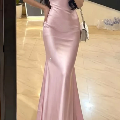 Spaghetti straps mermaid pink stain open back prom dresses