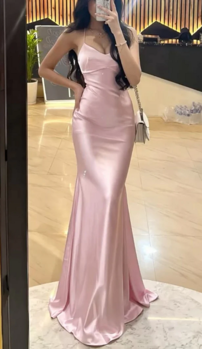Spaghetti Straps Mermaid Pink Stain Open Back Prom Dresses