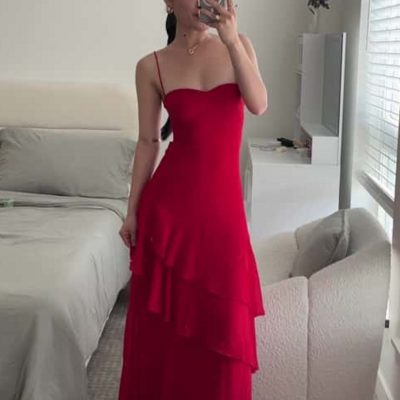 A line straps red chiffon tiered prom dress long evening dresses