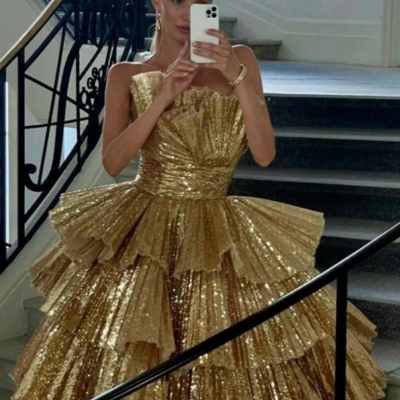 Strapless gold pleated irregular neck layered party dress