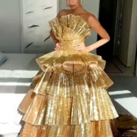 Strapless Gold Pleated Irregular Neck Layered Party Dress - Thumbnail 2