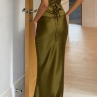 Sheath Green Stain V Neck Long Prom Dress Formal Evening Dress - Thumbnail 2