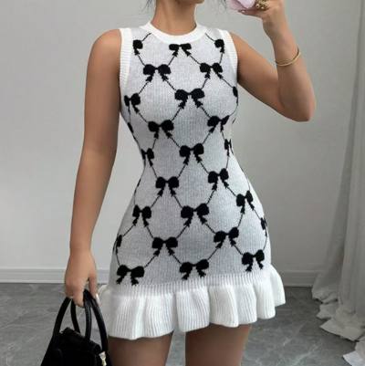 Slim Butterfly Knot Jacquard Pattern Knitted Sleeveless Dress