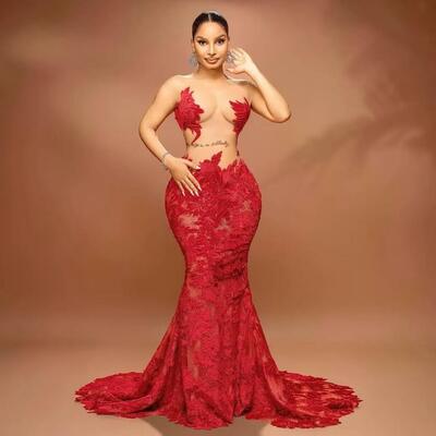 Plus size red prom dresses lace evening dresses long sleeves birthday party dress