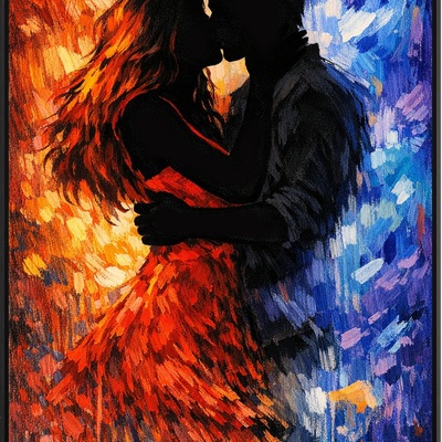 Abstract lovers silhouette art print in warm and cool tones