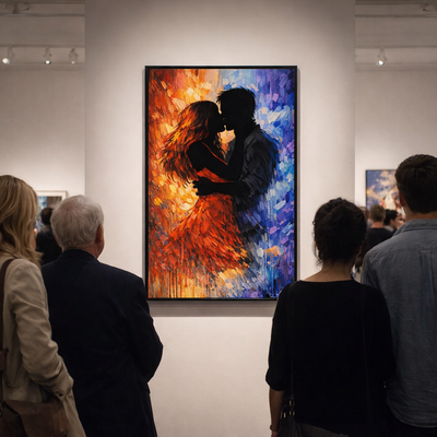 Abstract lovers silhouette art print in warm and cool tones