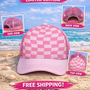 Retro Pink Checkered Mesh Trucker Hat - Summer Drop Limited Edition Adjustable Snapback Beach Cap - Free Ship-1