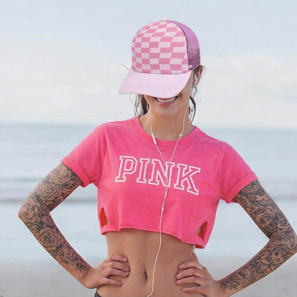 Retro Pink Checkered Mesh Trucker Hat - Summer Drop Limited Edition Adjustable Snapback Beach Cap - Free Ship