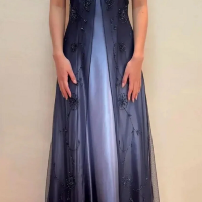 A line navy blue prom dress formal evening gowns with delicate beading 