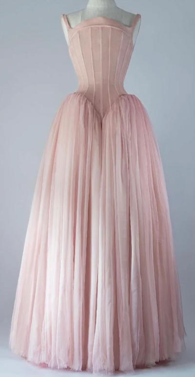 Vintage Straps Pink Tulle Floor Length Prom Dresses Formal Evening Dresses