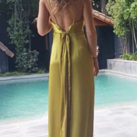 Simple Spaghetti Straps Gold Long Prom Dresses Evening Dresses - Thumbnail 3