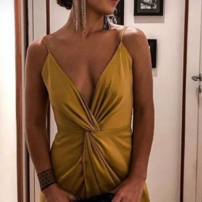 Simple spaghetti straps gold long prom dresses evening dresses
