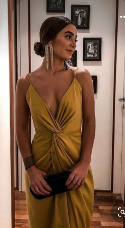 Simple Spaghetti Straps Gold Long Prom Dresses Evening Dresses