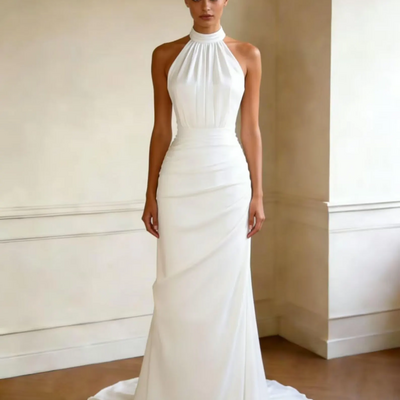 Halter-neck satin mermaid wedding dress bridal gown