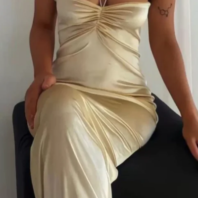Sexy halter champagne long ruched evening dress prom dress