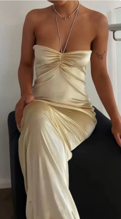 Sexy Halter Champagne Long Ruched Evening Dress Prom Dress