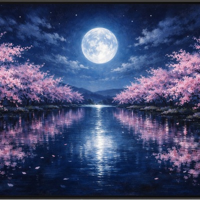Moonlit cherry blossom river art print