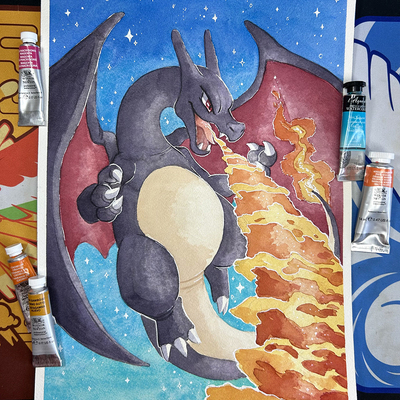 Original shiny charizard watercolor painting