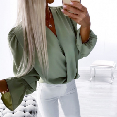 Long Sleeved Women Cross V-Neck Top