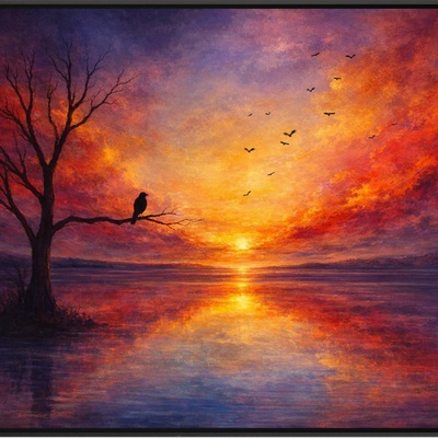 Vibrant sunset tree silhouette art print