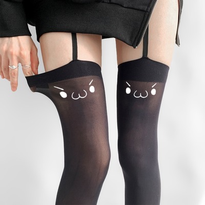 Kaomoji print thigh-high stockings