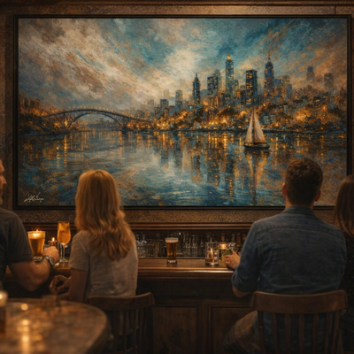 Cityscape wall art print dusk skyline reflections