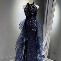 Navy Tulle Sequins Long Prom Party Dress - Thumbnail 1