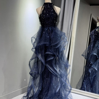 Navy Tulle Sequins Long Prom Party Dress - Thumbnail 2
