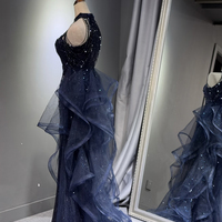 Navy Tulle Sequins Long Prom Party Dress - Thumbnail 3