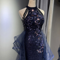 Navy Tulle Sequins Long Prom Party Dress - Thumbnail 4