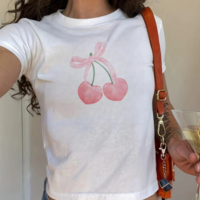 Pastel Pink Cherry Bowtie Printed Crop Top - Thumbnail 1